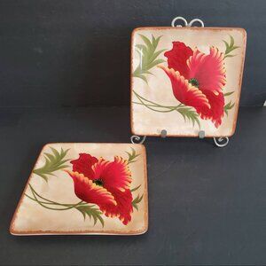 Pier 1 Red Poppies Square Lunch Salad Plates 8.5" Earthenware Large Hand Painted